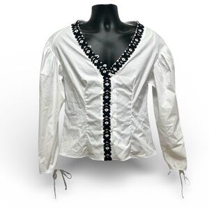Milly White Black Embroidered V Neck Blouse Long Sleeve Size 6